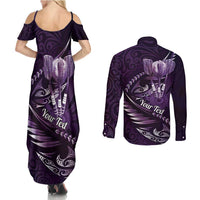 Personalised All Purple New Zealand Darts Couples Matching Summer Maxi Dress and Long Sleeve Button Shirt Aoteroa Fern Maori Galaxy Style
