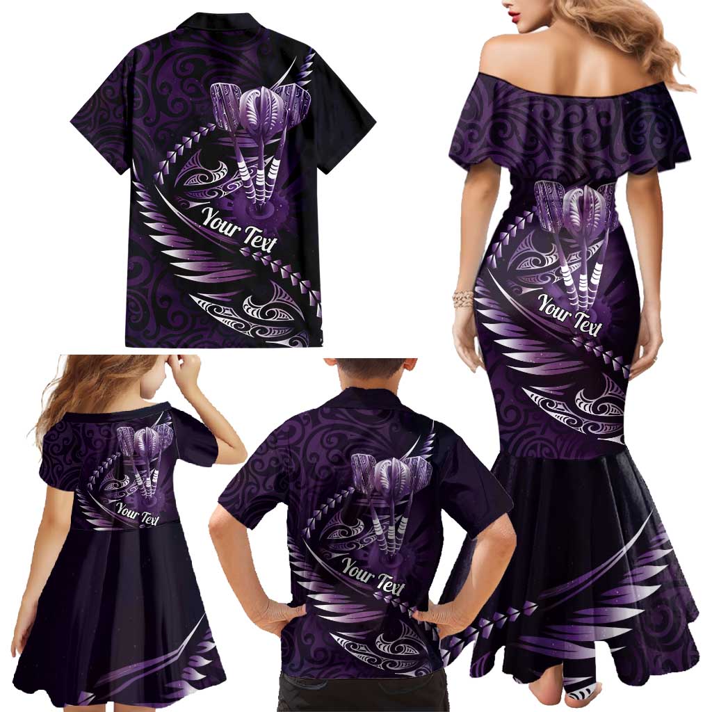 Personalised All Purple New Zealand Darts Family Matching Mermaid Dress and Hawaiian Shirt Aoteroa Fern Maori Galaxy Style