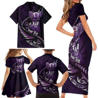 Personalised All Purple New Zealand Darts Family Matching Short Sleeve Bodycon Dress and Hawaiian Shirt Aoteroa Fern Maori Galaxy Style