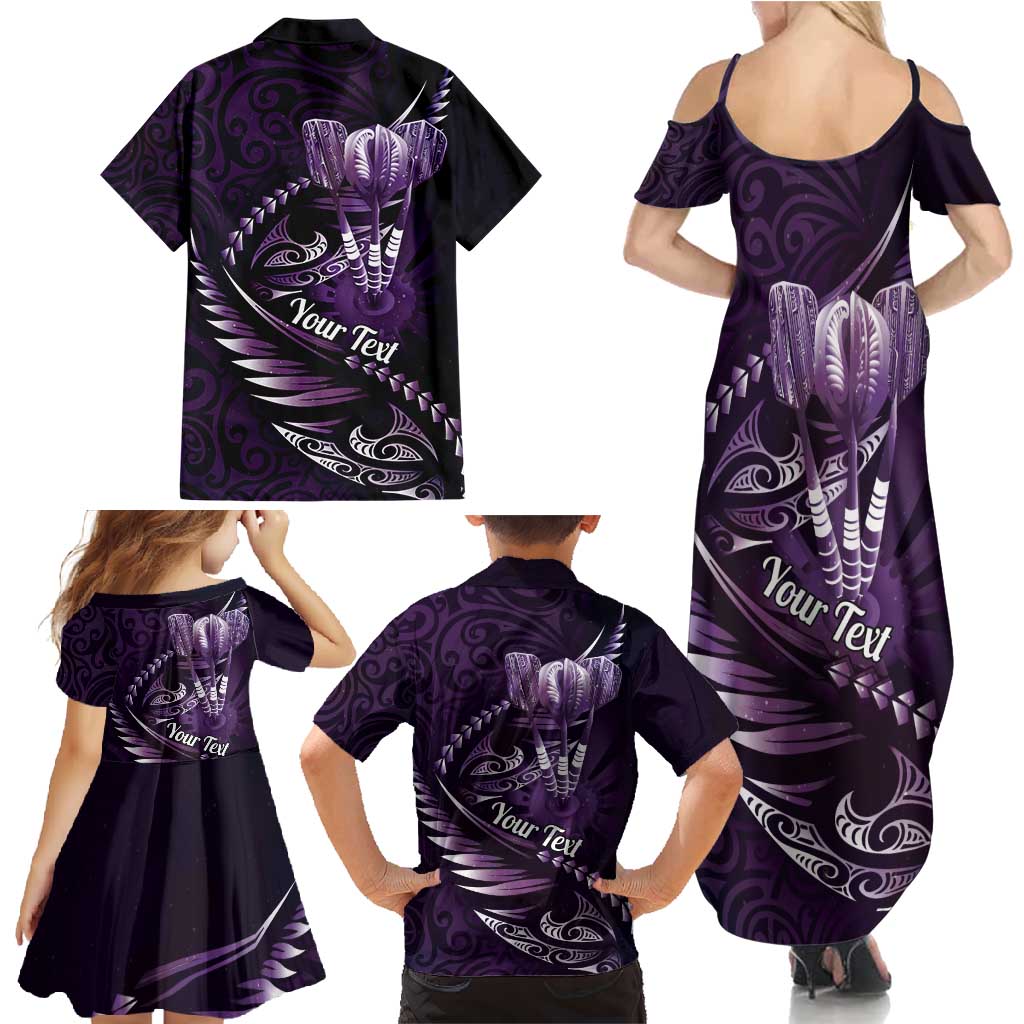 Personalised All Purple New Zealand Darts Family Matching Summer Maxi Dress and Hawaiian Shirt Aoteroa Fern Maori Galaxy Style
