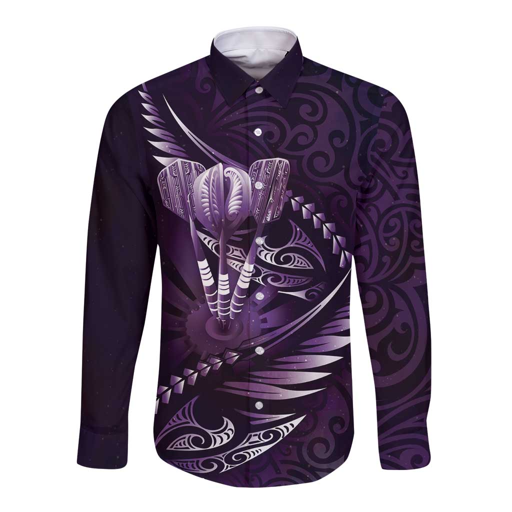 Personalised All Purple New Zealand Darts Long Sleeve Button Shirt Aoteroa Fern Maori Galaxy Style