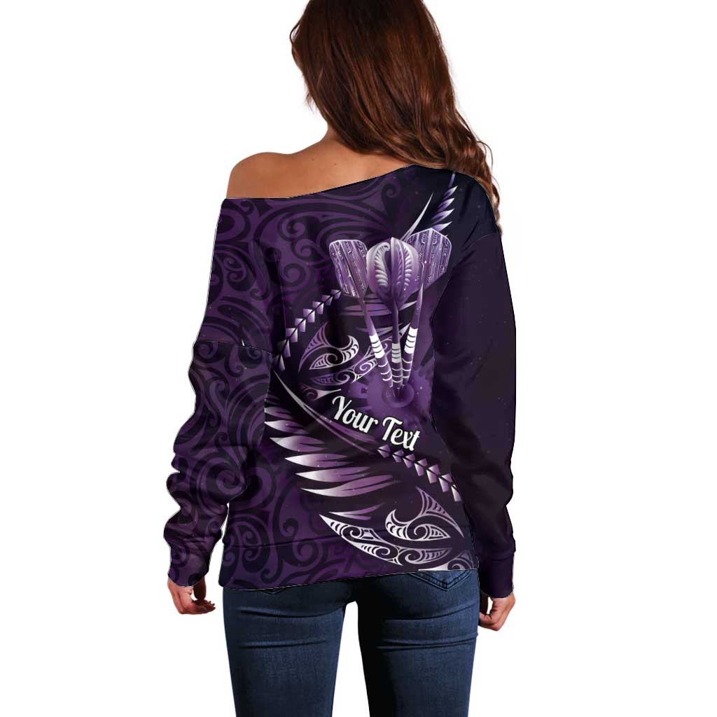 Personalised All Purple New Zealand Darts Off Shoulder Sweater Aoteroa Fern Maori Galaxy Style