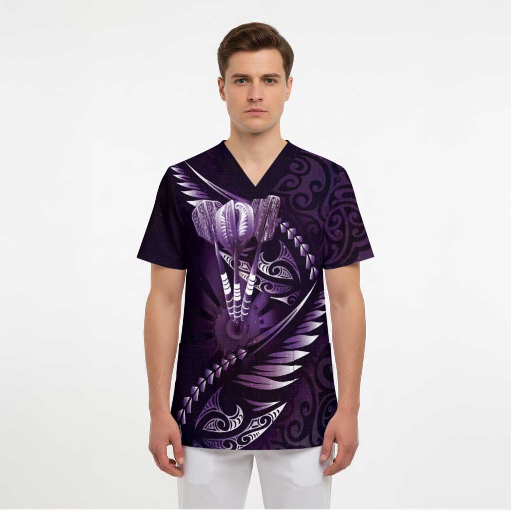 Personalised All Purple New Zealand Darts Scrub Top Aoteroa Fern Maori Galaxy Style - Polynesian Pride
