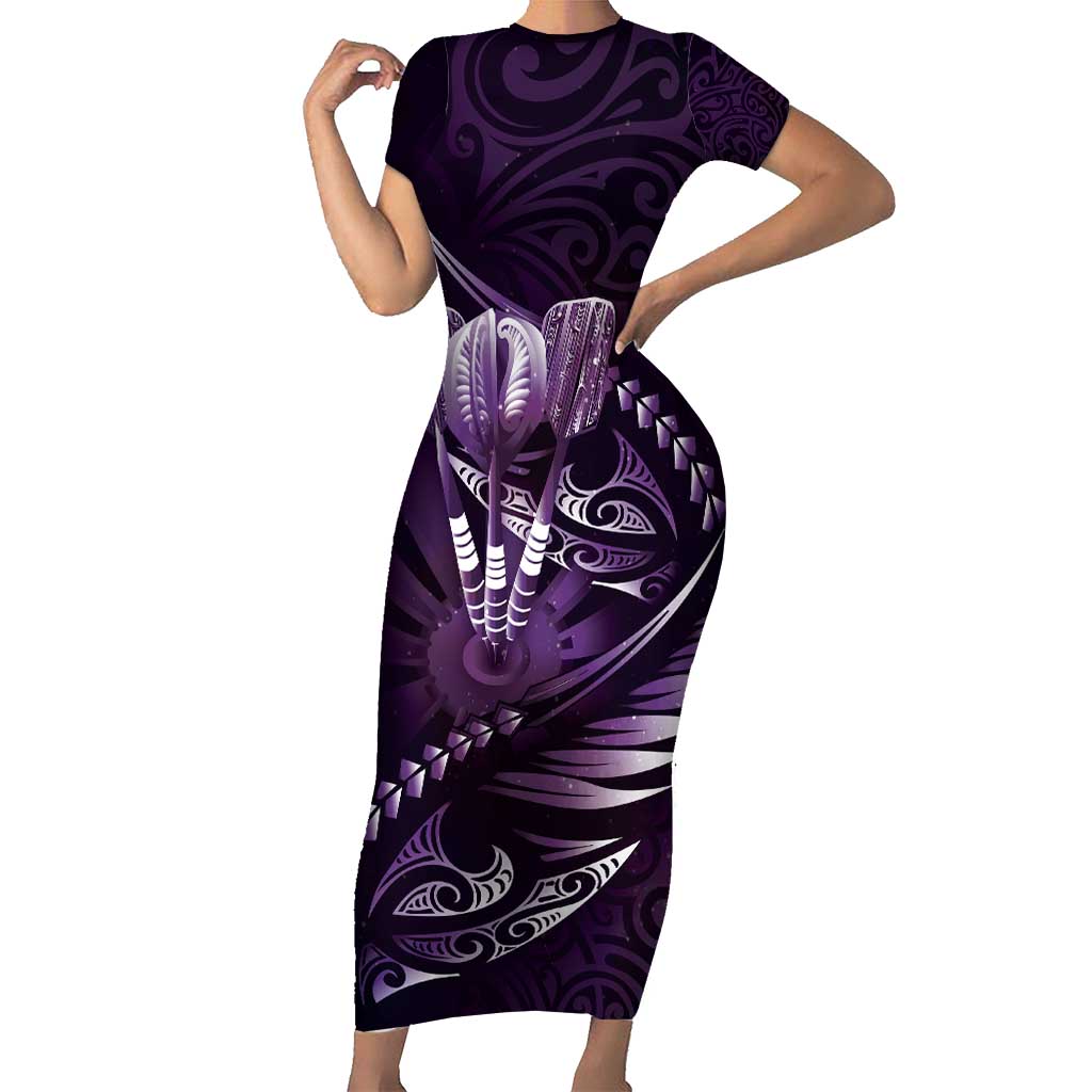 Personalised All Purple New Zealand Darts Short Sleeve Bodycon Dress Aoteroa Fern Maori Galaxy Style