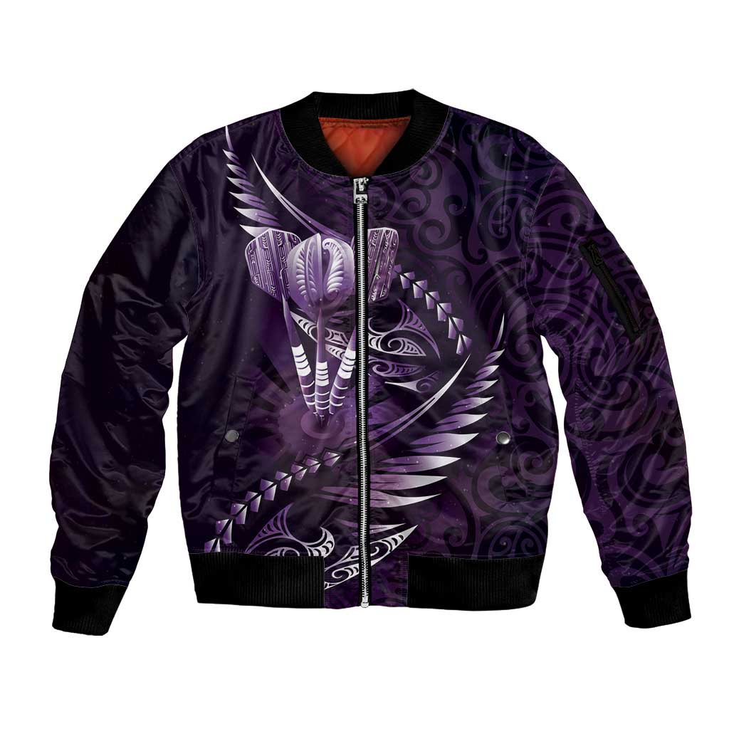 Personalised All Purple New Zealand Darts Sleeve Zip Bomber Jacket Aoteroa Fern Maori Galaxy Style