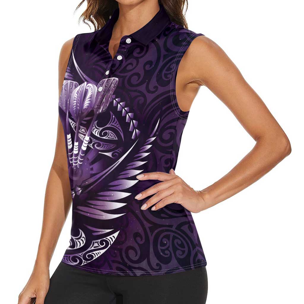 Personalised All Purple New Zealand Darts Women Sleeveless Polo Shirt Aoteroa Fern Maori Galaxy Style