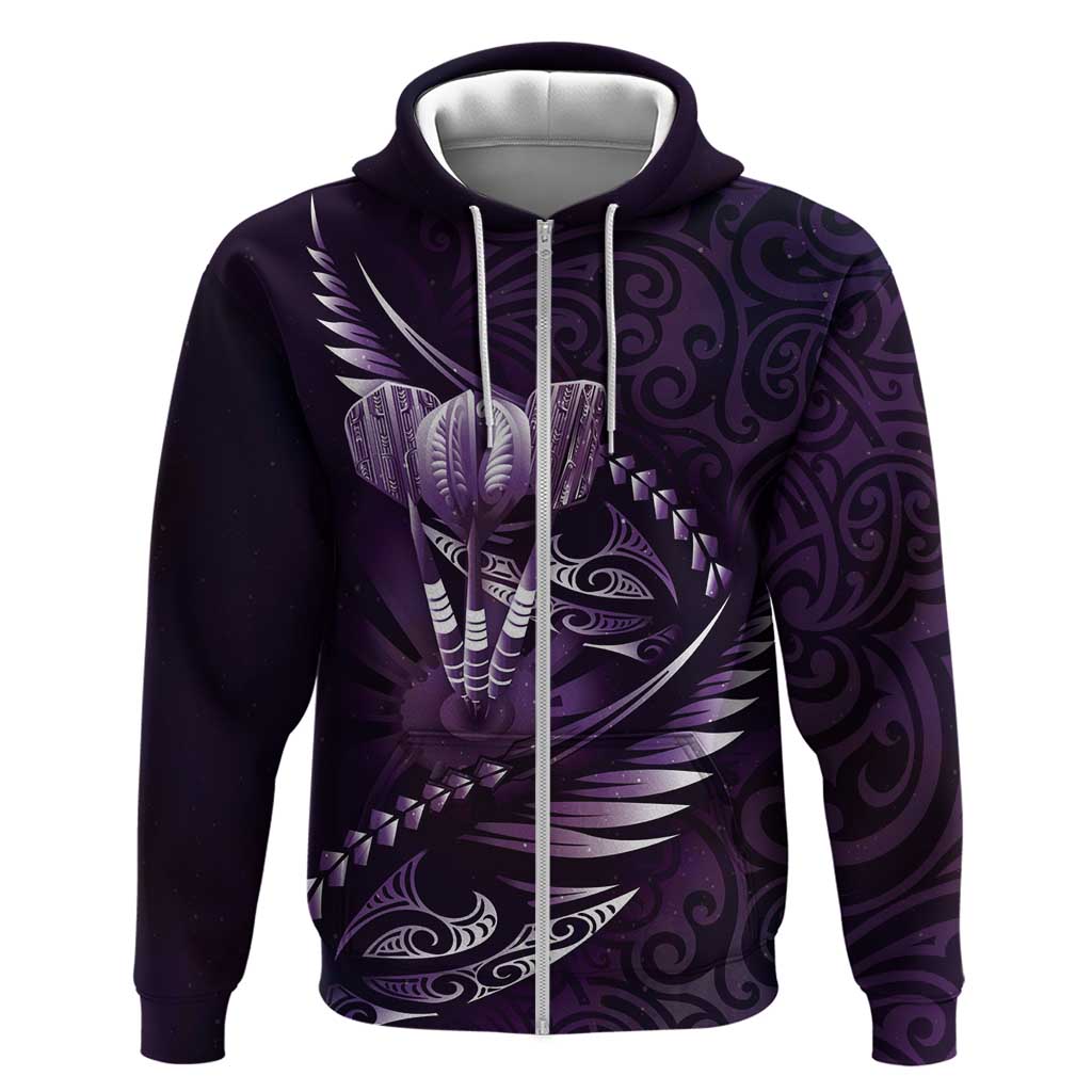 Personalised All Purple New Zealand Darts Zip Hoodie Aoteroa Fern Maori Galaxy Style