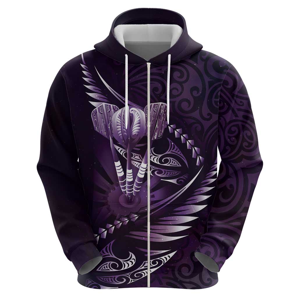 Personalised All Purple New Zealand Darts Zip Hoodie Aoteroa Fern Maori Galaxy Style