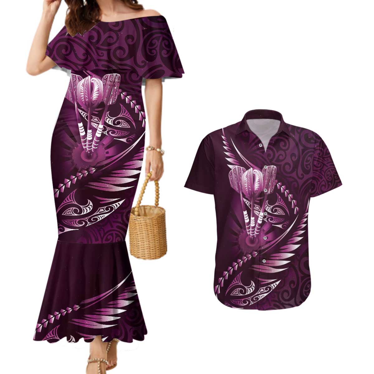 Personalised All Pink New Zealand Darts Couples Matching Mermaid Dress and Hawaiian Shirt Aoteroa Fern Maori Galaxy Style