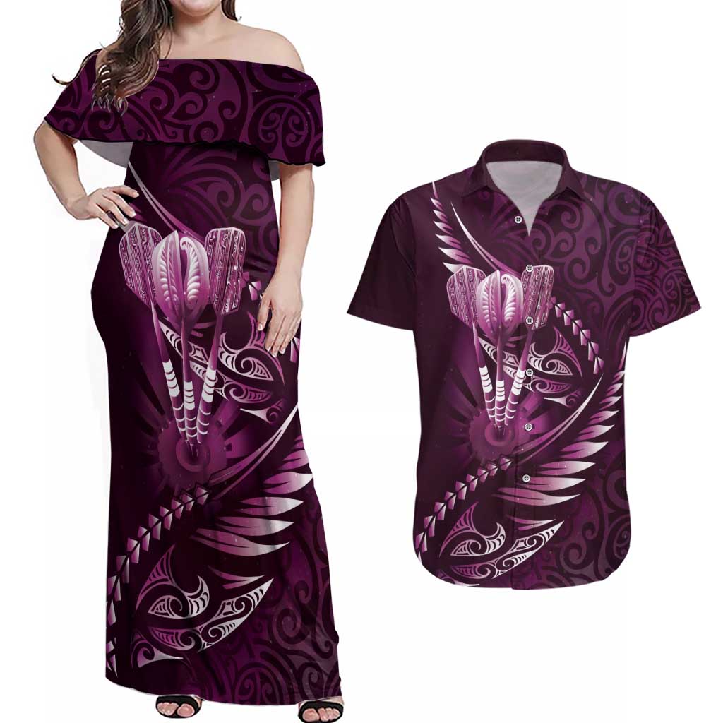 Personalised All Pink New Zealand Darts Couples Matching Off Shoulder Maxi Dress and Hawaiian Shirt Aoteroa Fern Maori Galaxy Style