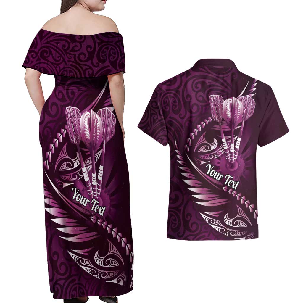 Personalised All Pink New Zealand Darts Couples Matching Off Shoulder Maxi Dress and Hawaiian Shirt Aoteroa Fern Maori Galaxy Style