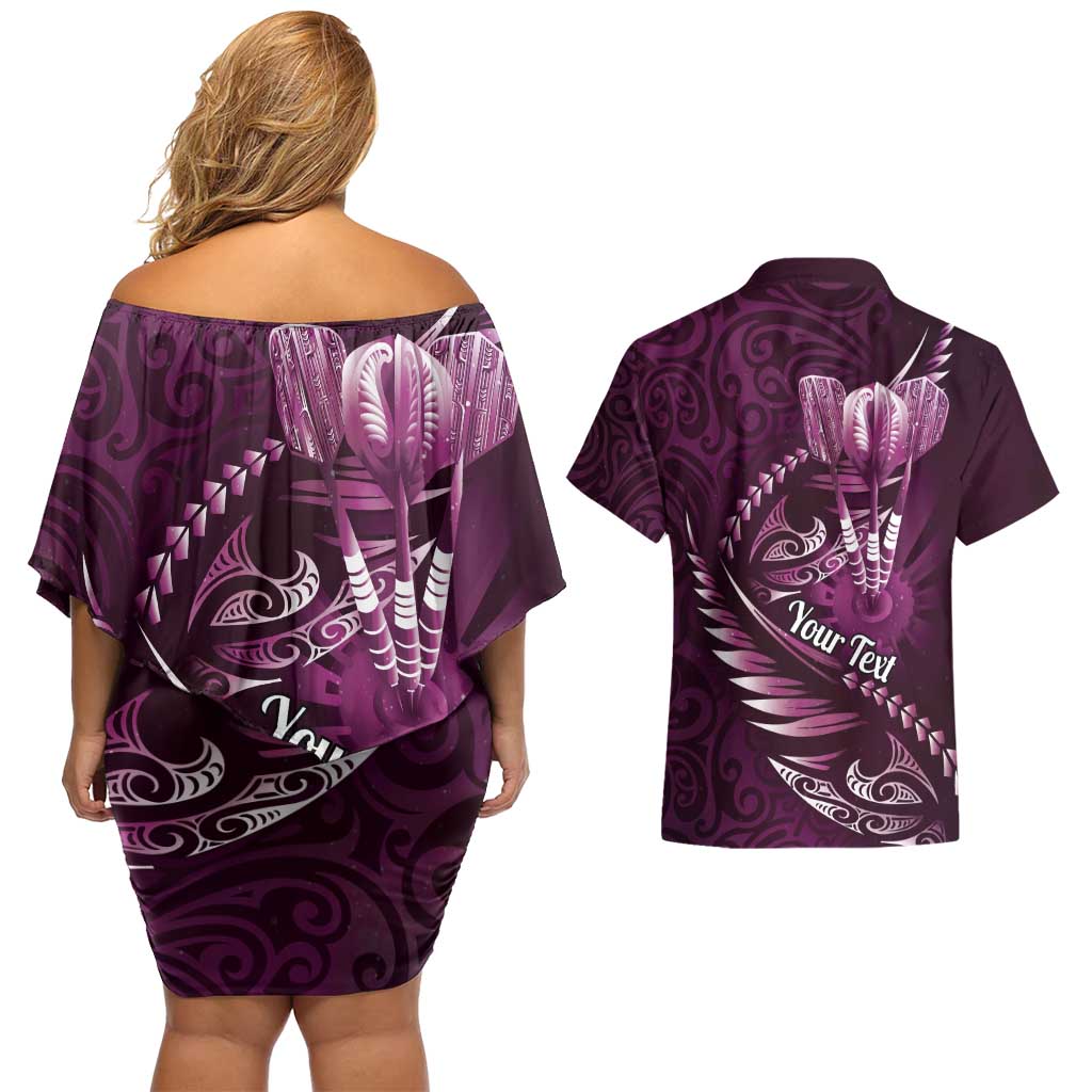 Personalised All Pink New Zealand Darts Couples Matching Off Shoulder Short Dress and Hawaiian Shirt Aoteroa Fern Maori Galaxy Style
