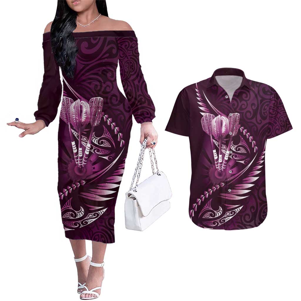 Personalised All Pink New Zealand Darts Couples Matching Off The Shoulder Long Sleeve Dress and Hawaiian Shirt Aoteroa Fern Maori Galaxy Style