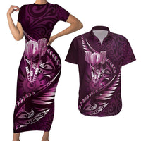 Personalised All Pink New Zealand Darts Couples Matching Short Sleeve Bodycon Dress and Hawaiian Shirt Aoteroa Fern Maori Galaxy Style