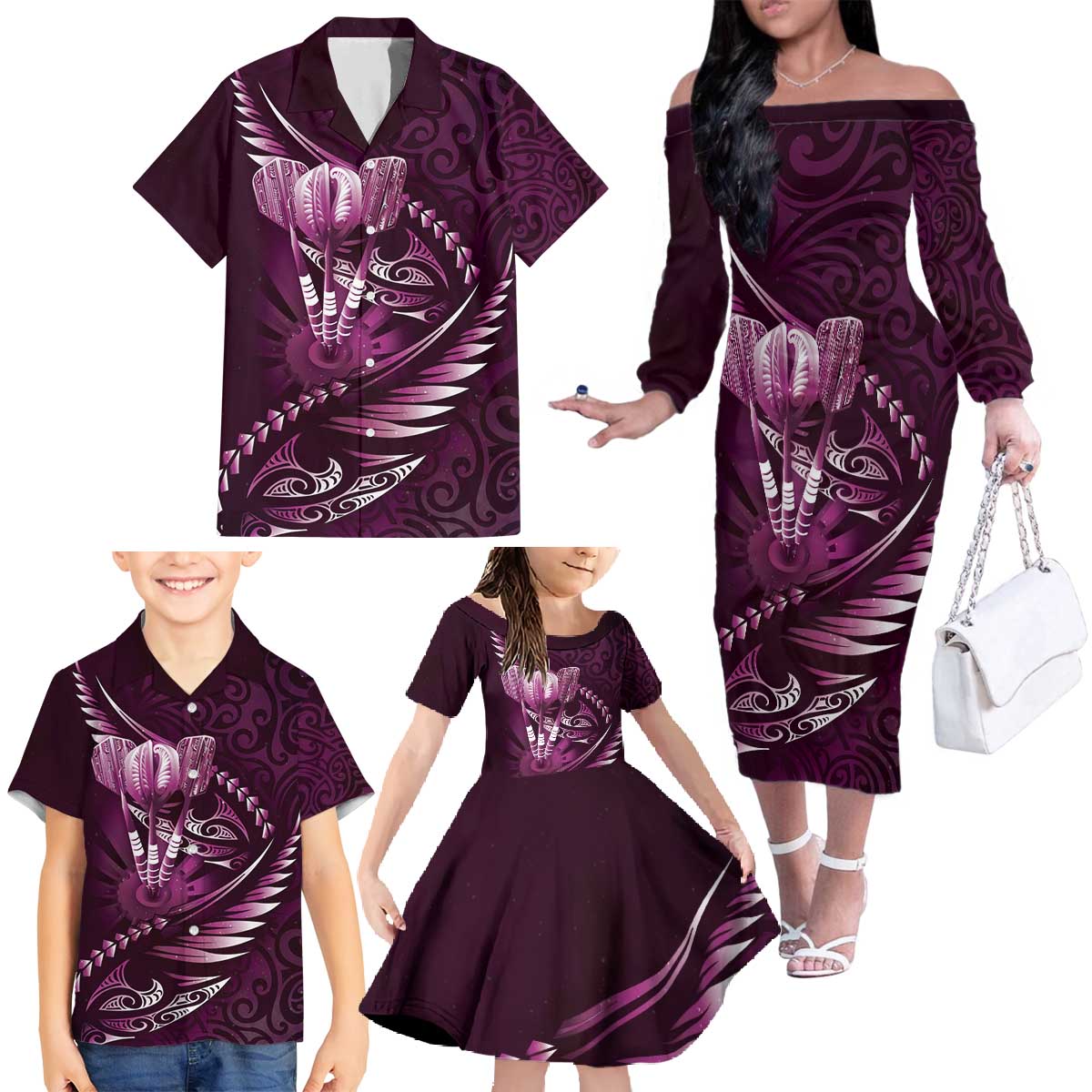 Personalised All Pink New Zealand Darts Family Matching Off The Shoulder Long Sleeve Dress and Hawaiian Shirt Aoteroa Fern Maori Galaxy Style