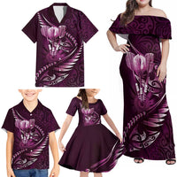 Personalised All Pink New Zealand Darts Family Matching Off Shoulder Maxi Dress and Hawaiian Shirt Aoteroa Fern Maori Galaxy Style