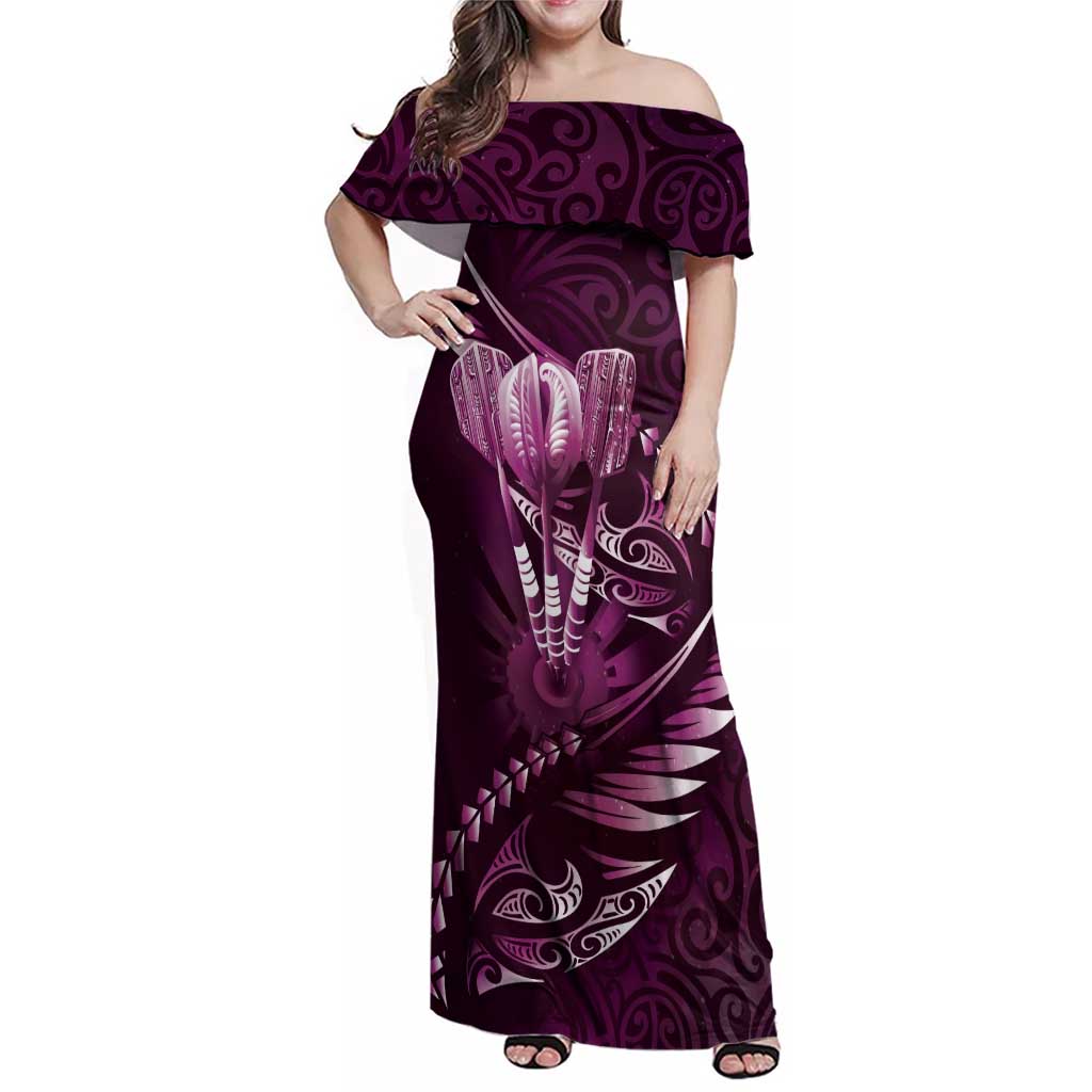Personalised All Pink New Zealand Darts Family Matching Off Shoulder Maxi Dress and Hawaiian Shirt Aoteroa Fern Maori Galaxy Style