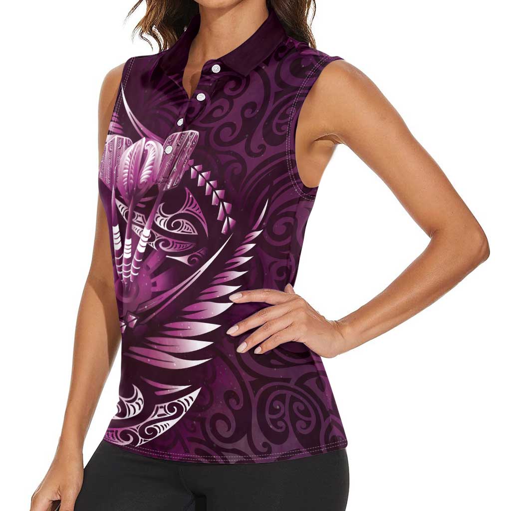 Personalised All Pink New Zealand Darts Women Sleeveless Polo Shirt Aoteroa Fern Maori Galaxy Style