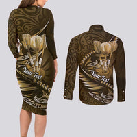 Personalised All Gold New Zealand Darts Couples Matching Long Sleeve Bodycon Dress and Long Sleeve Button Shirt Aoteroa Fern Maori Galaxy Style