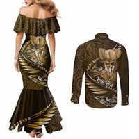 Personalised All Gold New Zealand Darts Couples Matching Mermaid Dress and Long Sleeve Button Shirt Aoteroa Fern Maori Galaxy Style
