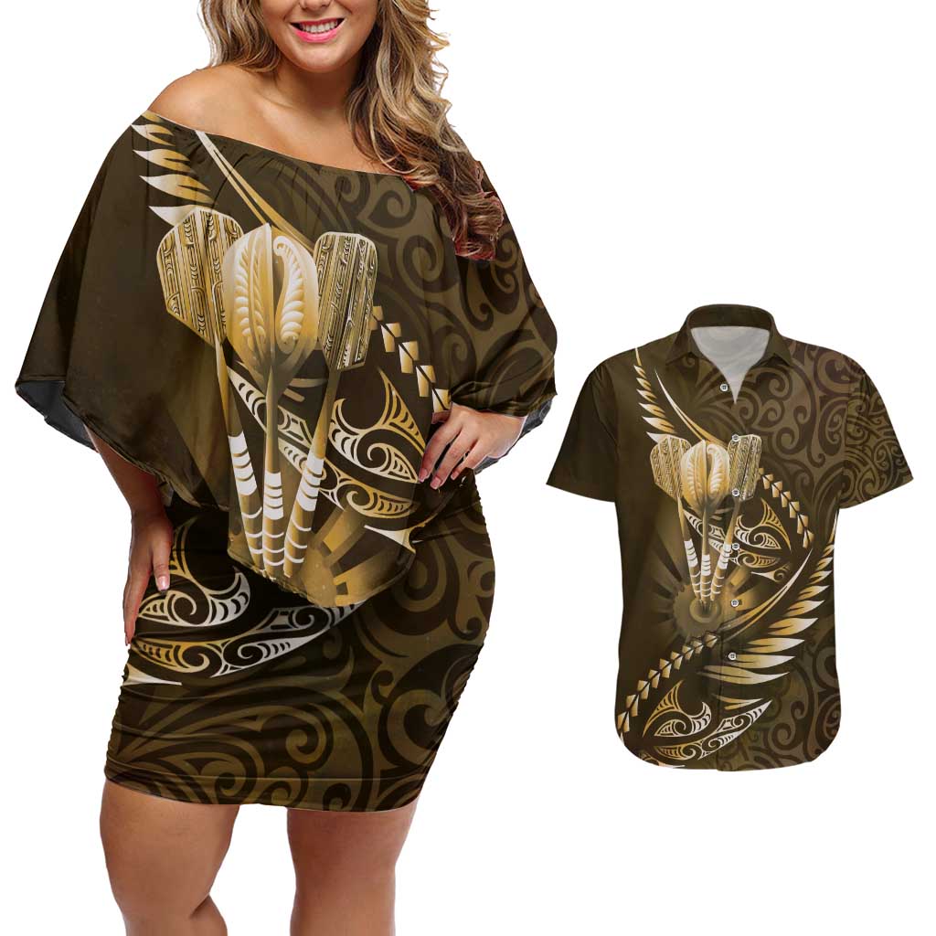 Personalised All Gold New Zealand Darts Couples Matching Off Shoulder Short Dress and Hawaiian Shirt Aoteroa Fern Maori Galaxy Style
