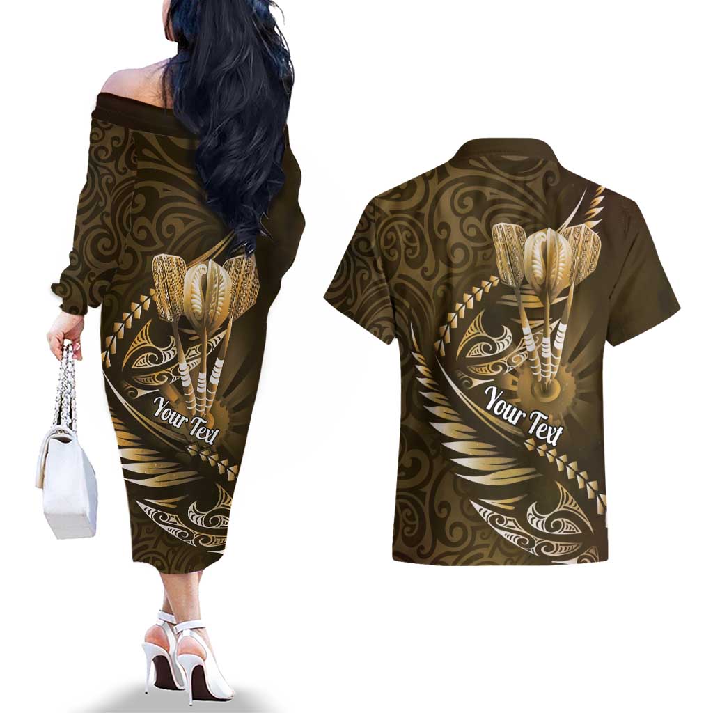 Personalised All Gold New Zealand Darts Couples Matching Off The Shoulder Long Sleeve Dress and Hawaiian Shirt Aoteroa Fern Maori Galaxy Style
