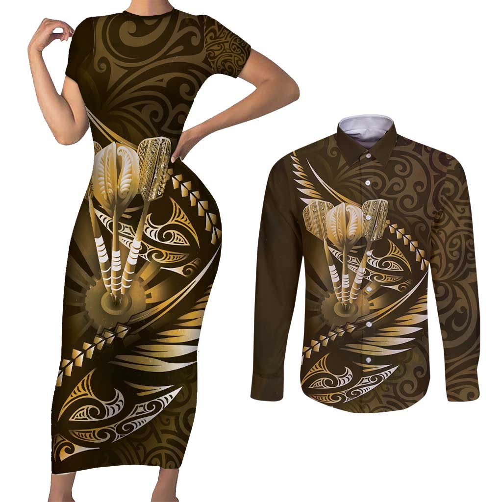Personalised All Gold New Zealand Darts Couples Matching Short Sleeve Bodycon Dress and Long Sleeve Button Shirt Aoteroa Fern Maori Galaxy Style