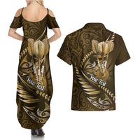 Personalised All Gold New Zealand Darts Couples Matching Summer Maxi Dress and Hawaiian Shirt Aoteroa Fern Maori Galaxy Style