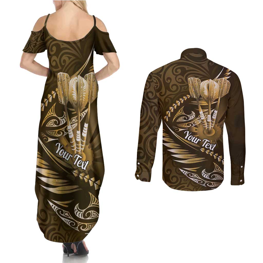 Personalised All Gold New Zealand Darts Couples Matching Summer Maxi Dress and Long Sleeve Button Shirt Aoteroa Fern Maori Galaxy Style