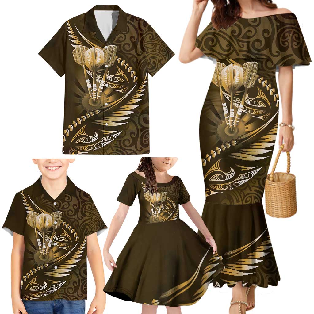 Personalised All Gold New Zealand Darts Family Matching Mermaid Dress and Hawaiian Shirt Aoteroa Fern Maori Galaxy Style
