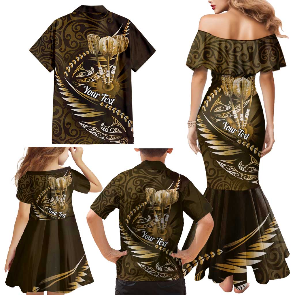 Personalised All Gold New Zealand Darts Family Matching Mermaid Dress and Hawaiian Shirt Aoteroa Fern Maori Galaxy Style