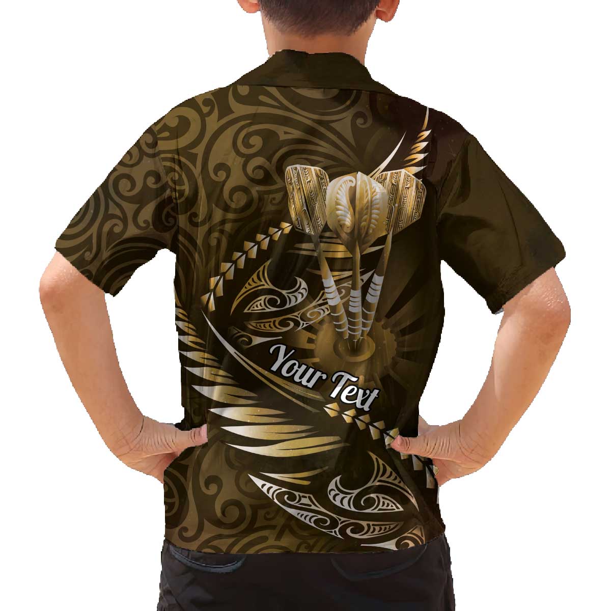 Personalised All Gold New Zealand Darts Family Matching Off The Shoulder Long Sleeve Dress and Hawaiian Shirt Aoteroa Fern Maori Galaxy Style