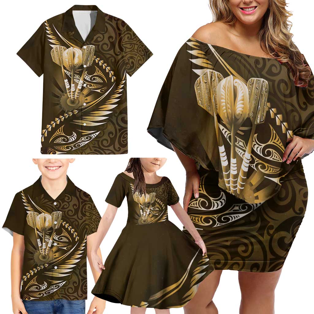 Personalised All Gold New Zealand Darts Family Matching Off Shoulder Short Dress and Hawaiian Shirt Aoteroa Fern Maori Galaxy Style