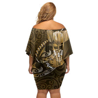 Personalised All Gold New Zealand Darts Family Matching Off Shoulder Short Dress and Hawaiian Shirt Aoteroa Fern Maori Galaxy Style
