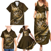 Personalised All Gold New Zealand Darts Family Matching Summer Maxi Dress and Hawaiian Shirt Aoteroa Fern Maori Galaxy Style
