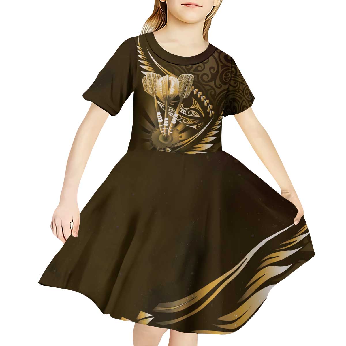 Personalised All Gold New Zealand Darts Kid Short Sleeve Dress Aoteroa Fern Maori Galaxy Style
