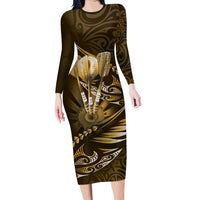 Personalised All Gold New Zealand Darts Long Sleeve Bodycon Dress Aoteroa Fern Maori Galaxy Style