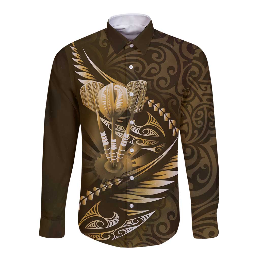 Personalised All Gold New Zealand Darts Long Sleeve Button Shirt Aoteroa Fern Maori Galaxy Style