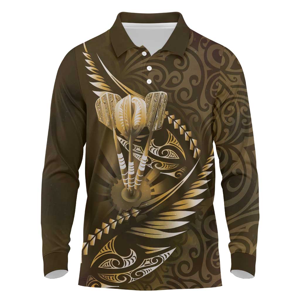 Personalised All Gold New Zealand Darts Long Sleeve Polo Shirt Aoteroa Fern Maori Galaxy Style