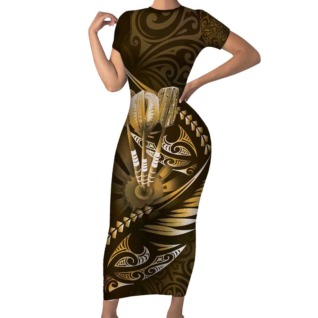 Personalised All Gold New Zealand Darts Short Sleeve Bodycon Dress Aoteroa Fern Maori Galaxy Style