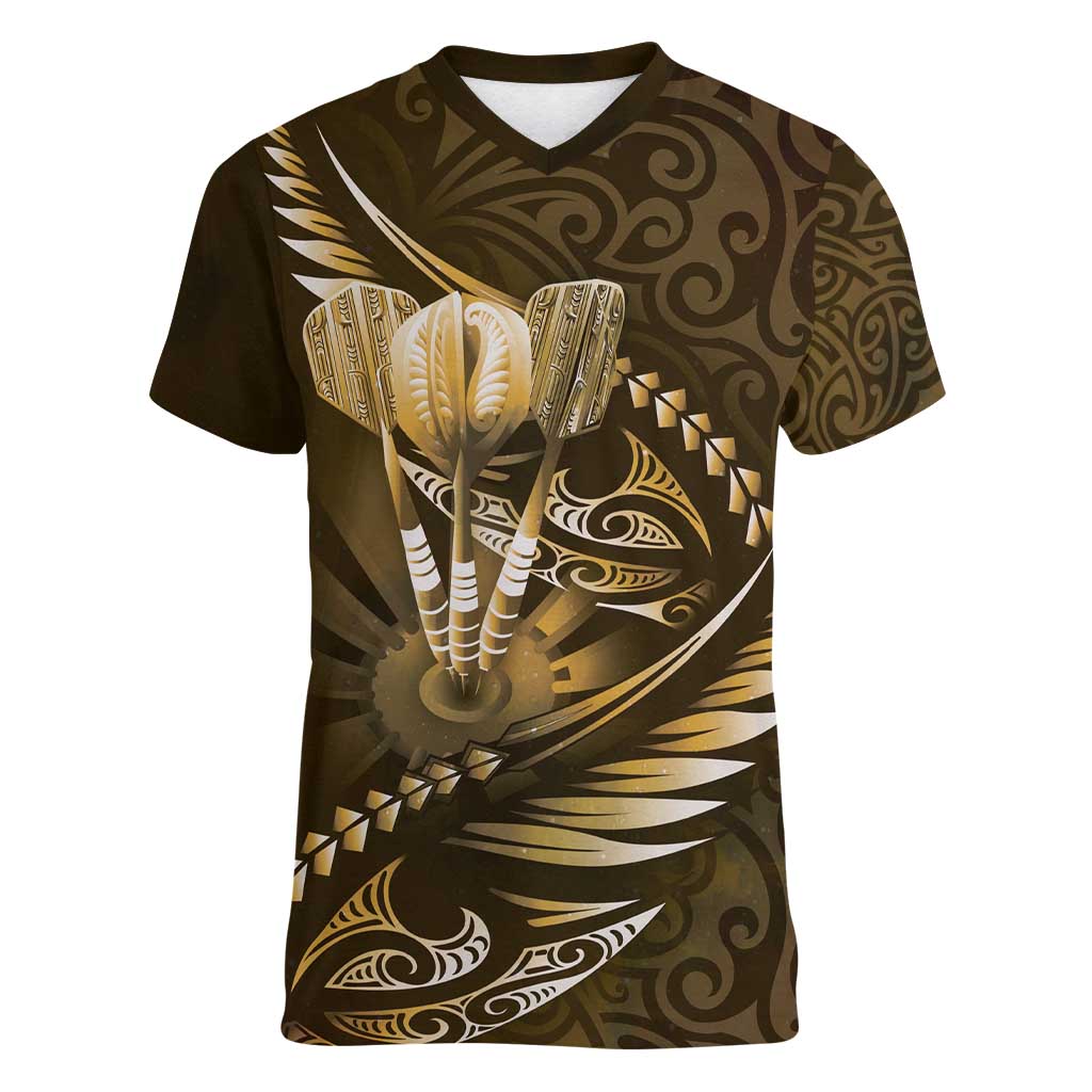 Personalised All Gold New Zealand Darts Women V-Neck T-Shirt Aoteroa Fern Maori Galaxy Style