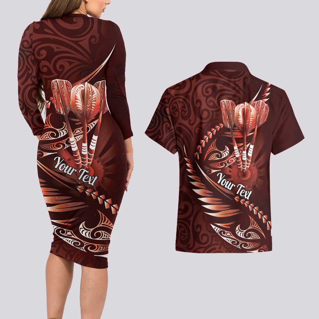 Personalised All Red New Zealand Darts Couples Matching Long Sleeve Bodycon Dress and Hawaiian Shirt Aoteroa Fern Maori Galaxy Style
