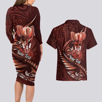 Personalised All Red New Zealand Darts Couples Matching Long Sleeve Bodycon Dress and Hawaiian Shirt Aoteroa Fern Maori Galaxy Style