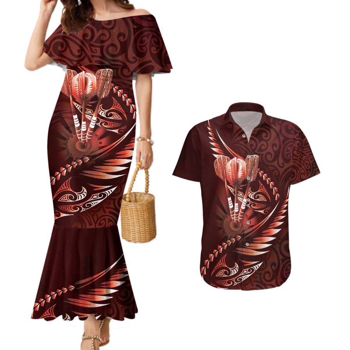 Personalised All Red New Zealand Darts Couples Matching Mermaid Dress and Hawaiian Shirt Aoteroa Fern Maori Galaxy Style