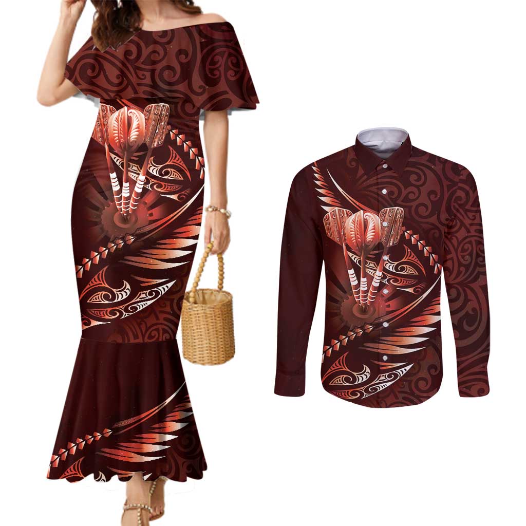 Personalised All Red New Zealand Darts Couples Matching Mermaid Dress and Long Sleeve Button Shirt Aoteroa Fern Maori Galaxy Style