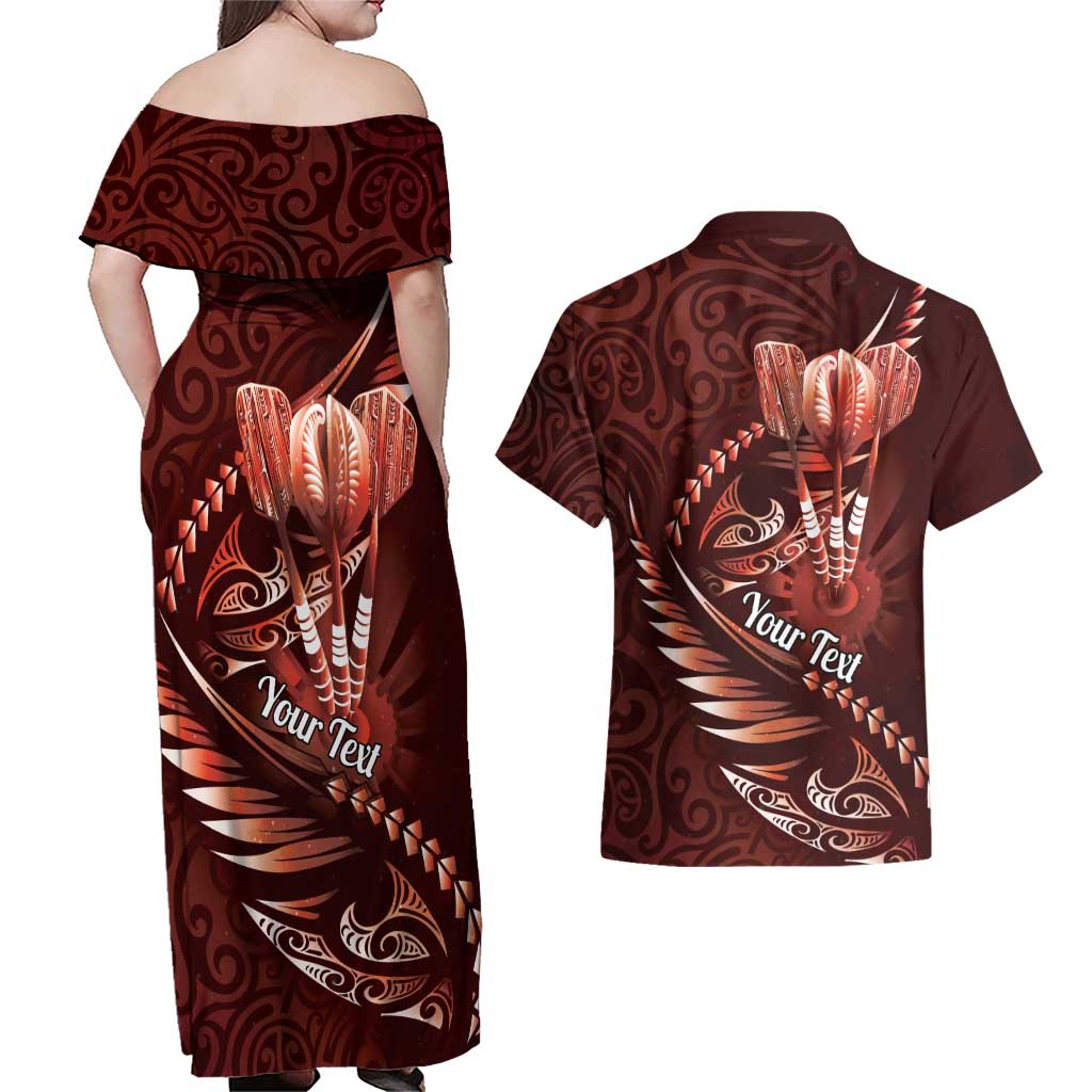 Personalised All Red New Zealand Darts Couples Matching Off Shoulder Maxi Dress and Hawaiian Shirt Aoteroa Fern Maori Galaxy Style