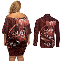 Personalised All Red New Zealand Darts Couples Matching Off Shoulder Short Dress and Long Sleeve Button Shirt Aoteroa Fern Maori Galaxy Style