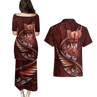 Personalised All Red New Zealand Darts Couples Matching Puletasi and Hawaiian Shirt Aoteroa Fern Maori Galaxy Style