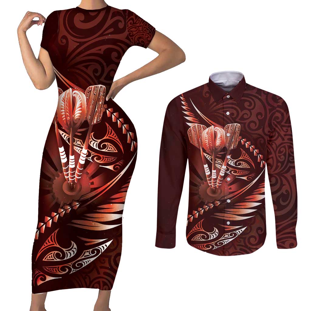 Personalised All Red New Zealand Darts Couples Matching Short Sleeve Bodycon Dress and Long Sleeve Button Shirt Aoteroa Fern Maori Galaxy Style