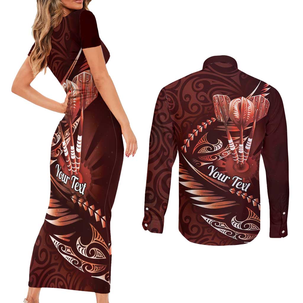 Personalised All Red New Zealand Darts Couples Matching Short Sleeve Bodycon Dress and Long Sleeve Button Shirt Aoteroa Fern Maori Galaxy Style